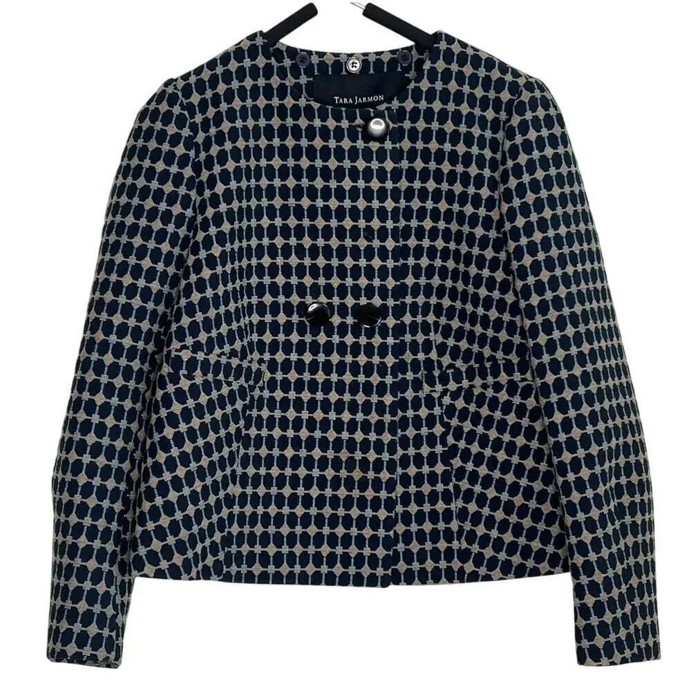 Tara Jarmon Geometric Print Long Sleeve Double Breasted Jacket Navy Women's 38